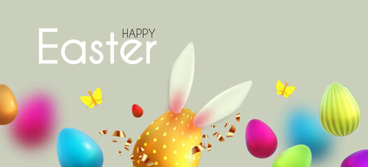 Easter poster template with flowers, eggs and bunny. Holiday design.
