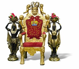vintage luxury golden throne chair with two egyptian statues and shadow
