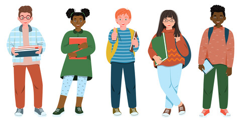 Smiling school children boys and girls with backpacks and books set isolated vector illustration. Multiethnic cute kids.