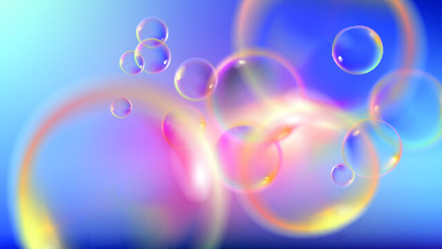 Colorful bubbles into the sunset with beautiful bokeh. Vector illustration realistic 3d water bubbles in the sky.