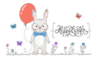 Happy Easter slogan lettering with cute rabbit boy, hare, flowers, butterfly. Easter Greetings illustration.