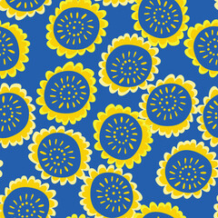 yellow sunflowers seamless vector pattern on blue