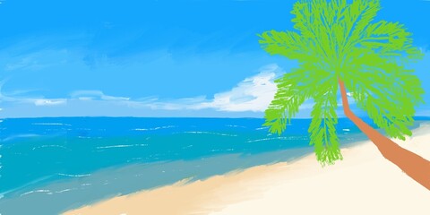 Minimalistic simple landscape abstraction: beach (shore), ocean and palm tree