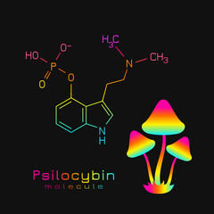 Psilocybin molecule, chemical formula with magic mushrooms - obrazy, fototapety, plakaty