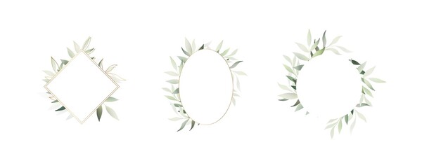 Obraz premium The frames set with elegant olive green leaves for Summer greeting postcard