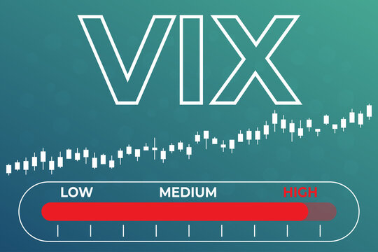 High value of index volatility VIX graph on blue and green finance background with candlestick and text. Global uptrend