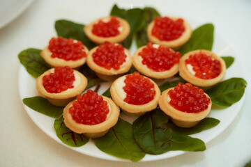 Red salmon caviar with tartlets with greenery on a light background
