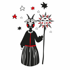 Maslenitsa Day. Russian holiday. Background for the holiday. A good postcard for the carnival. Scary masks, moon, sun, magic, horse, stars, mushroom, flower. Seeing off winter. Folk, fun festivities