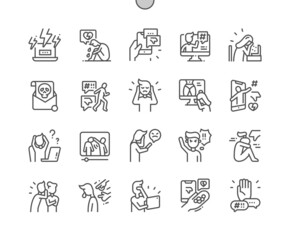 Cyberbullying. Harassment, frustrated and depression. Stop bullying. Pixel Perfect Vector Thin Line Icons. Simple Minimal Pictogram