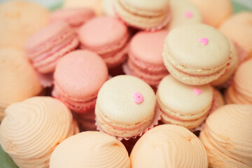 Macaroons on cake stand. Dessert, food, snack. French cuisine, menu, recipes. Macaroon cookies for birthday, anniversary mothers day celebration 