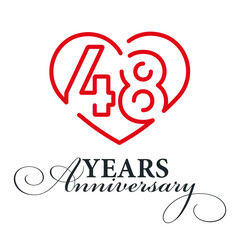 48years anniversary celebration number thirty bounded by a loving heart red modern love line design logo icon white background