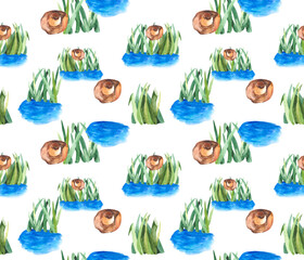 Seamless pattern with green grass, lake and old hunting hat. Watercolor repeating background for textiles, wallpaper, packaging on the theme of hunting, fishing and nature.