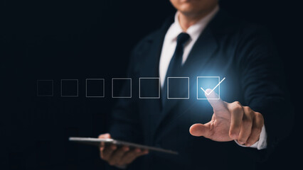 Businessman touching squares with the right meaning, business concept.