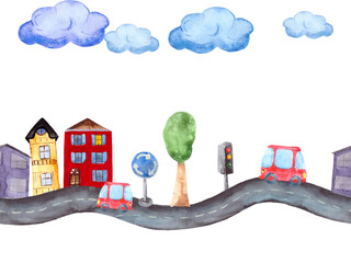 Seamless pattern with winding road, houses, cars, clouds, tree, traffic light and road sign isolated on white background. Watercolor drawing, hand-painted.