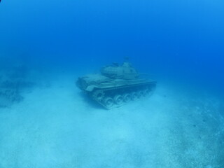 tank wreck underwater metal on ocean floor