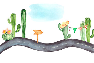 An asphalt road with green cacti, a wooden signpost and multicolored flags on a white background. Watercolor drawing for the design of postcards and posters.