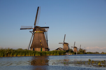 Traditional Dutch windmills by the water at Kinderdijk