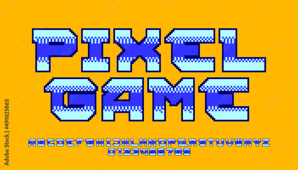 Aufkleber pixel game alphabet font. digital letters and numbers. 80s arcade video game typeface.