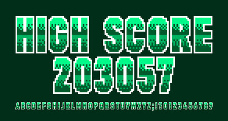 High Score alphabet font. Pixel letters and numbers. 80s arcade video game typeface.