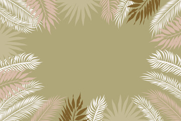 Fototapeta na wymiar Banner template with beige color palm leaves. The background is tropical rectangular with a place for an inscription in the middle. Frame for text with palm leaves