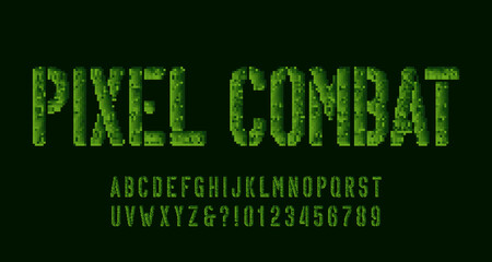 Fototapeta na wymiar Pixel Combat alphabet font. Pixel camo letters and numbers. 80s arcade video game typeface.
