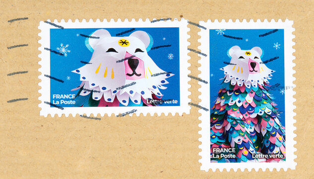 briefmarke stamp gestempelt used frankiert gebraucht cancel papier paper bär bear paper art papierkunst basteln winter frankreich france french polar bear imagination