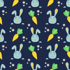 Seamless cartoon pattern with rabbit heads on a dark background. Simple cartoon character of rabbit with carrot pattern. Design for printing on children's textiles