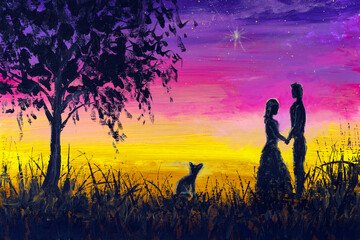 Love background. romantic oil painting on canvas meeting of lovers at a beautiful sunset illustration