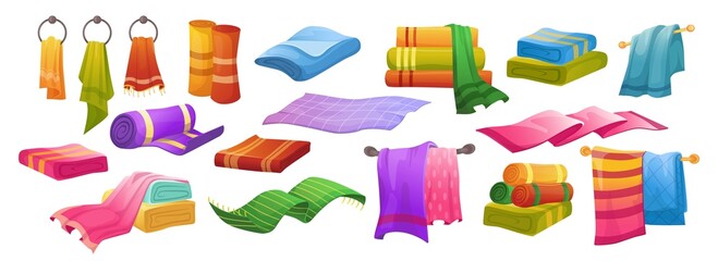 Bath towel. Cartoon folded napkin, cotton handkrief and kitchen textile set. Vector stack of fabric towels