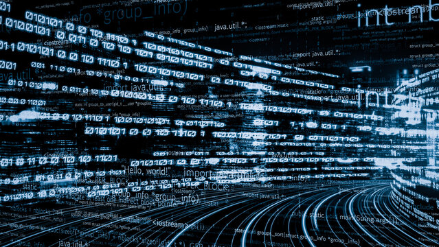 Software development, application programming code and tacit computer coding . Concept of smart digital transformation and technology disruption that changes global trends in new information era .