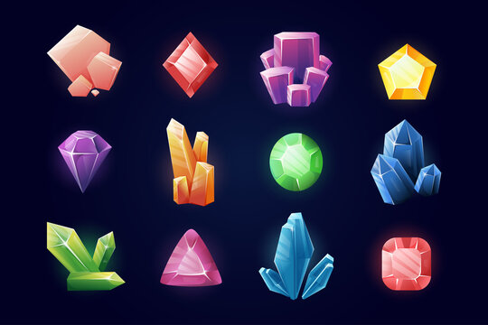 Cartoon gemstones. Fantasy treasure stones and magic jewels, game . Vector set