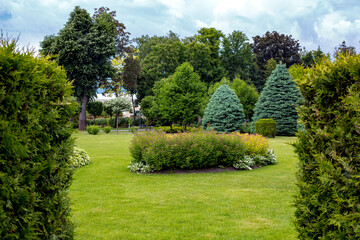 landscape design of park with garden bed and trees with leaves and pine needles on green lawn,...