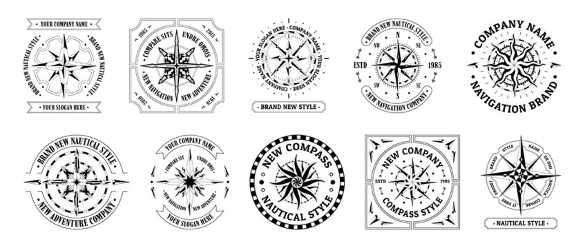 Compass vintage logo. Travel and explore cartography symbol, emblems with wind rose and direction arrows. Vector set