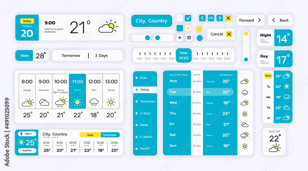Aufkleber weather forecast . web and mobile application graphic user interface kit with weather icons. vector 