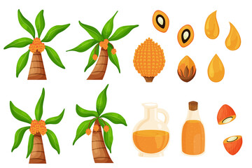 Cartoon palm oil. Palm tree with oil seeds, junk food with triglycerides of fatty acids concept. Vector isolated set