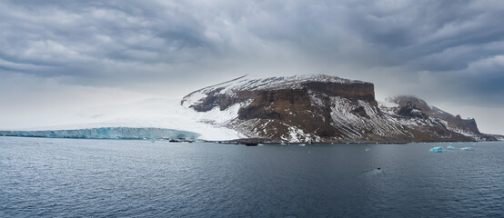 View of the brown bluff, a stunning basalt tuya on the Tabarin Peninsula of northern Antarctica. Formed 1 million years ago by a subglacial volcanic eruptions