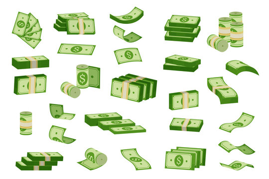 Stack of money. Cartoon piles of green banknotes, bundles of green cash. Vector money set