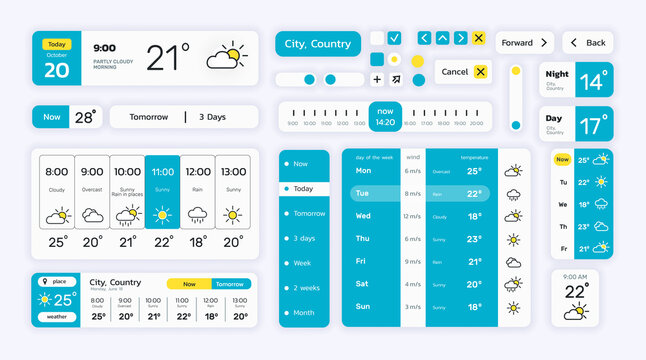 Weather forecast . Web and mobile application graphic user interface kit with weather icons. Vector set
