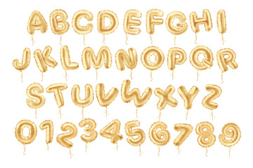 Realistic balloon alphabet. Foil letters and numbers , anniversary event and party decorative typeface. Vector set