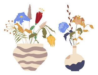 Set of Hand Drawn Illustrations - vases and spring flowers, home decor, flower bouquets, elegant floral arrangements.