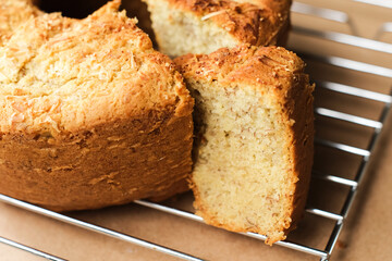 Homemade Banana Bread sliced ​​in half on the table