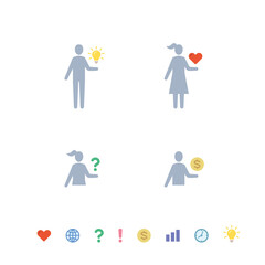 People silhouette icon set, holding something in one hand