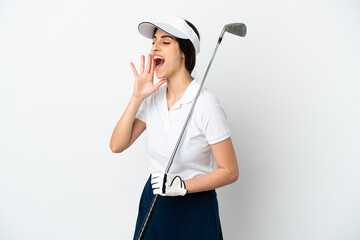 Handsome young golfer player woman isolated on white background shouting with mouth wide open to the side