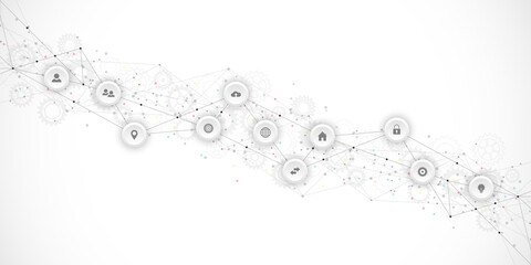 Information technology background with infographic elements and flat icons. Digital technology, network connection and communication concept. Vector illustration
