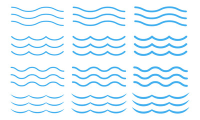 Set with blue lines water waves. Sea and ocean waves. Blue wave vector pattern.