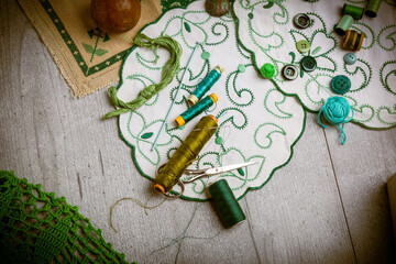 Sewing and embroidery supplies on a  table