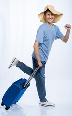 a male householder with a suitcase is going on vacation to rest. isolated white background
