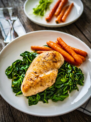 Fried chicken breast with spinach and carrots on wooden table