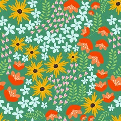 Seamless pattern with plants, flowers and leaves on a green background