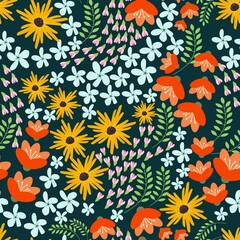Fototapeta premium Seamless pattern with plants, flowers and leaves on a dark background